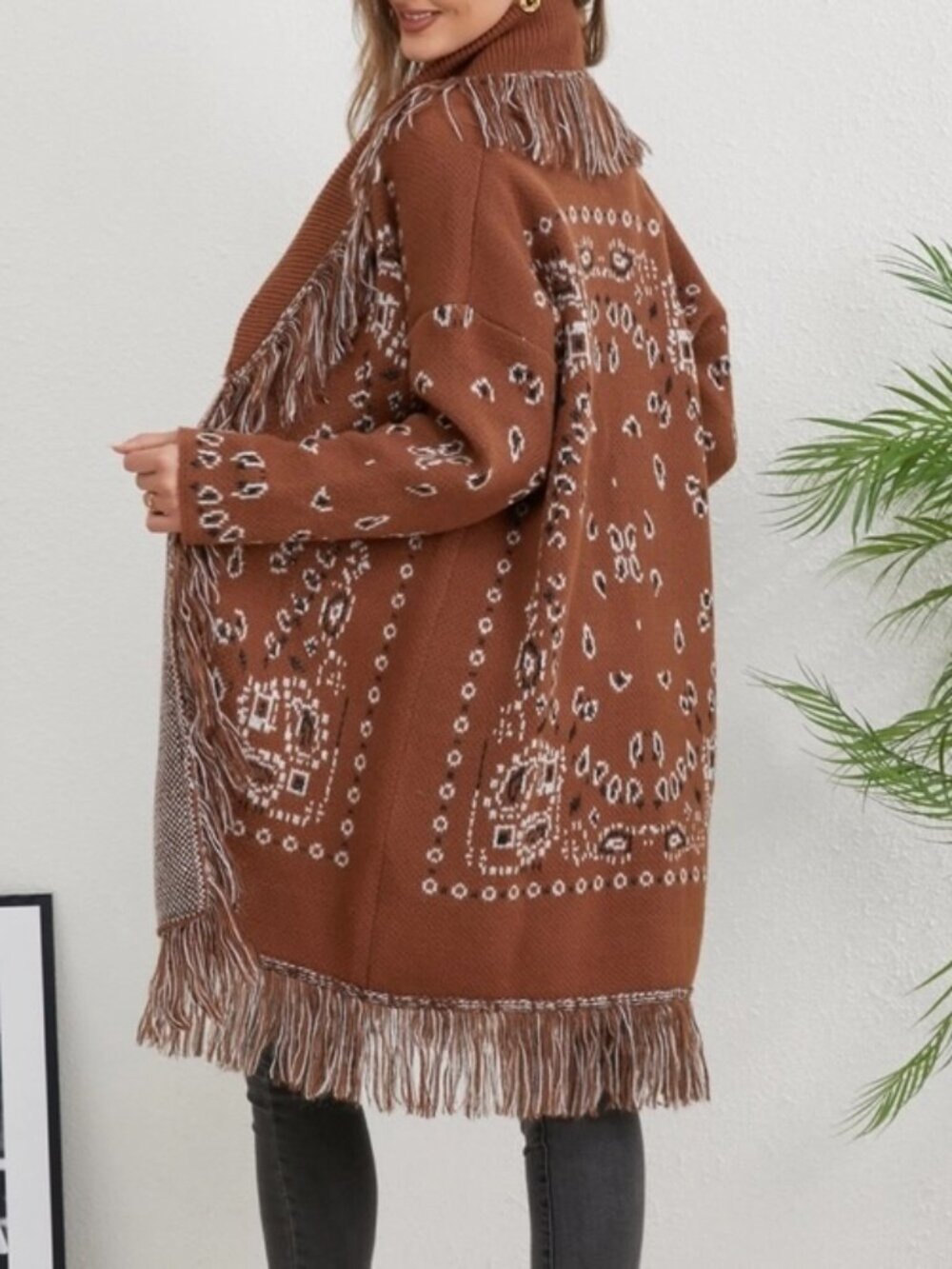 Western Fringed Ethnic Jacquard Cardigan - Picture 2 of 5
